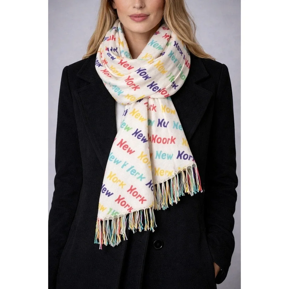 Scarf Pashmina 100%‎ Cashmere Colorful Braided Fringe End New York Preppy Modern